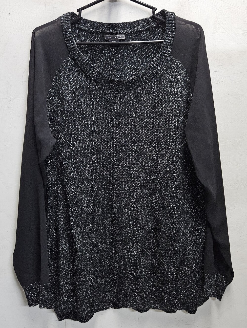 METAPHOR Black & Silver Knit XL Sweater With Sheer Sleeves Fall Autumn Goth